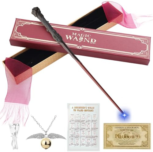 PLLYPE Baguette magique de 37 cm avec lumière, baguette de sureau réaliste avec chargement USB, baguette magique avec dicton magique, collier de station, accessoire Wizarding World pour sorcières et