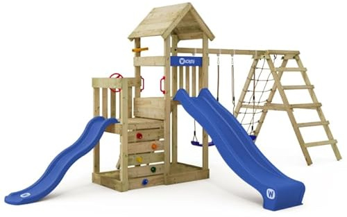 Wickey Torre de juego Skyflyer 120 y 90 con tobogán azul y lona azul, dispositivo de juego con escalada para el jardín