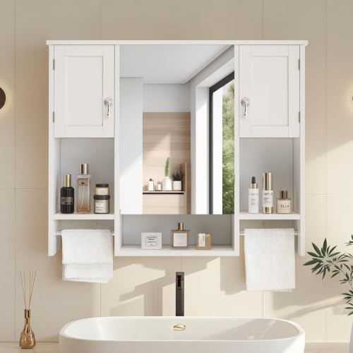 VECELO Armoire Murale de Salle de Bain, Armoire à Pharmacie avec Miroir, Étagères Réglables, Compartiments Ouverts, 2 Porte-Serviettes, Meuble de Rangement, 89×18×73,5 cm, Crème
