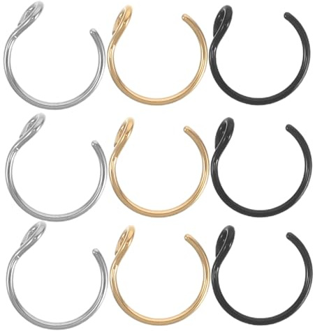 MOKKHNB 9 piezas de aros nasales de acero inoxidable con clip - Anillos de imitación de aro de 8 mm en oro, negro y plata - Joyería corporal sin perforación para mujeres y hombres, adorno diario