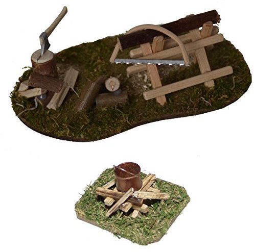 Alfred Kolbe Krippen AM 22 Weihnachtskrippen-Zubehör-Set Lagerfeuer beleuchtet 4,5V und Sägeplatz mit Hackplatz für 10-12 cm Figuren