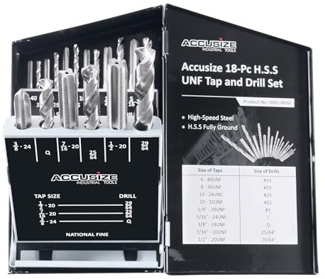 Accusize Industrial Tools 18 Pcs/Set H.S.S. Tap & Drill Set, UNF in Metal Box, 0001-0050