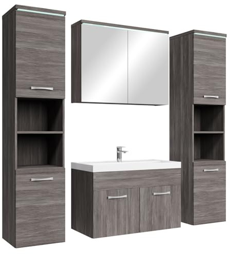 Badplaats B.V. Badezimmer Badmöbel Set Paso XL LED 80cm Waschbecken Grau Eiche - Unterschrank 2X Hochschrank Waschbecken Möbel