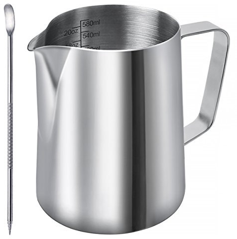 DINGHENG Milchkännchen, Milk Pitcher 600ml / 20 FL.oz. Milchkanne aus Edelstahl Milch Aufschäumen Krug Art Aufschäumkännchen＋ Latte Art' Pen/Barista Stift, Silber