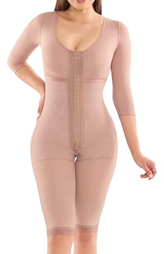 FAJAMIA 0710 Fajas Colombianas Moldeadoras con mangas y sujetador, faja moldeadora con control de abdomen en Powernet, longitud hasta la rodilla, ganchos de 3 filas, Moca, M