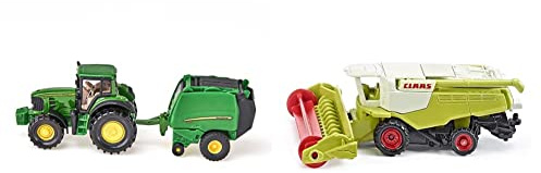 Siku 1665, John Deere Traktor mit Ballenpresse inkl. 2 Ballen, Metal/Kunststoff, Grün, Bewegliche Teile & 1476, Claas Mähdrescher, Metall/Kunststoff, Grün, Bewegliche Haspel, Schwenkbares Abtankrohr