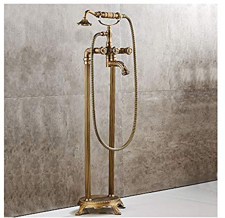 GLYYR Freistehende Wannenarmaturen Antike Messing Duschhahn Set Doppelgriff Bodenmontage Badezimmer Armatur Multifunktional Badewanne Wasserhahn mit Handbrause,Antique b