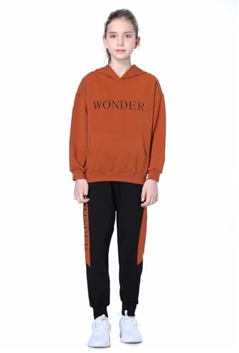 YFPICO Kinder 2tlg Jogginganzug Mädchen Trainingsanzug Outfit-Set(Sweatshirt + Sweathose) Buchstabe Sportanzug Freizeitanzug, Braun, 146 (Herstellergröße 150)