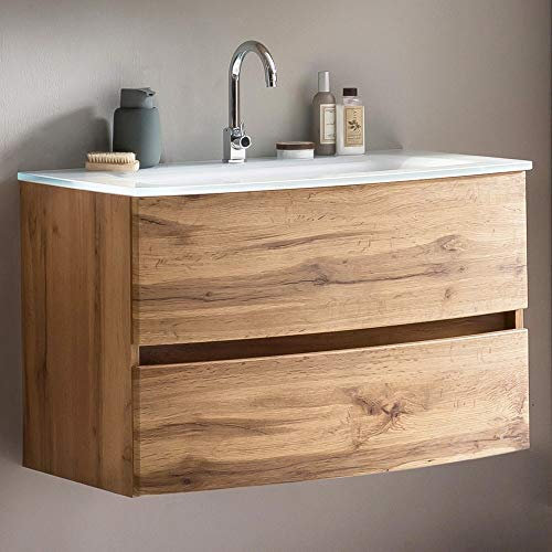 Lomadox Badezimmer Einzelwaschtisch 80 cm Wotaneiche Nb. inkl. Glaswaschbecken weiß, BxHxT: ca. 80x53x49 cm