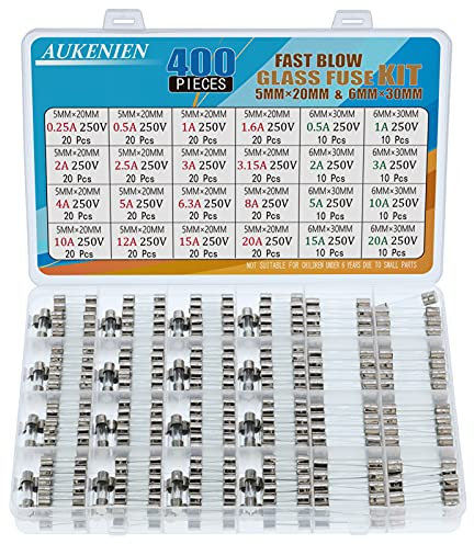AUKENIEN Fast Blow Glass Fuses Kit 24 Values 400pcs 5x20mm 0.25A 0.5A 1A 1.6A 2A 2.5A 3A 3.15A 4A 5A 6.3A 8A 10A 12A 15A 20A 250V 6x30mm 0.5A 1A 2A 3A 5A 10A 15A 20A Quick Round Fuse Tube Assortment