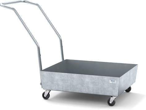 Denios Fahrbare Auffangwanne aus Stahl | mit Lenkrollen | verzinkt | BxHxT 1275 x 890 x 635 mm | Volumen 65 Liter | 1 Fass | Arbeitssicherheit Notfall-Umweltschutz-Produkte säurefest