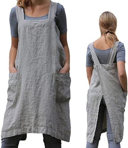 ZQFFB Pinafore Cross Back Apron for Women with Pockets Japanese Smock for Work Gardening Cooking Painting Baking
