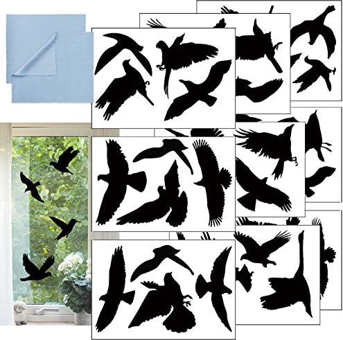 Daily Treasures 9 Blätter 37 Stk Aufkleber Fenster Vogel, Fensterbilder Selbstklebend Vögel Fenster Vogelschutz Schwarz + 2Putztuch, Vogelschutz Aufkleber Schwarz für Terrassentür Fenster Türen Gärten