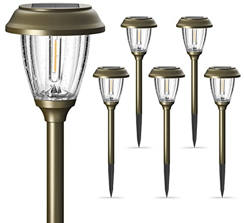 XMCOSY+ Solar Lights Outdoor 10/25 LM LED with 2 Lighting Modes, Solar Garden Lights Glass and Metal, IP65 Waterproof Solar Powered for Yard Pathway Walkway Driveway Patio (6 Pack, Warm White)