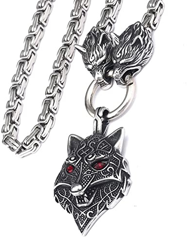 DFWY Cuello de Cabeza de Lobo Vintage de Acero Inoxidable para Hombres - Collar de Cadena del Rey Vikingo con Colgante Amuleto Cabeza Lobo - Nordic Odin Fenrir Joyería Pagana Medieval
