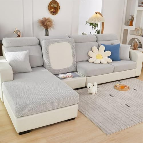 TOPCHANCES Sofa Sitzkissenbezüge - Soft Stretch Cover for L-Form Couch, Couch Kissenbezüge, Sofa Slipcover (Helles Grau Weben)