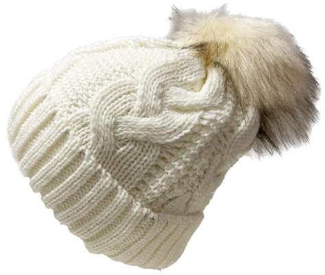 Faera Wintermütze Unifarbe Strickmütze Bommelmütze Fleece gefütterte warme Mütze Kunstfell Unisex gestrickt Wolle (Weiß)