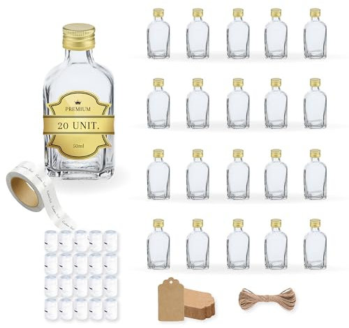 20 Mini Bouteilles en Verre Safira 50ml avec Bouchon a Vis Doré, sceau, étiquette kraft, fil et étiquette personnalisable- Mignonnettes Alcool 5cl, Petites Fioles Échantillons-Cadeaux, Mariages
