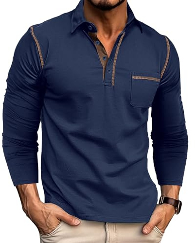Rodawu Mens Long Sleeve Polo Shirts Cotton Polo T-Shirts Golf Tops Grandad T Shirt Dark Blue Polo Shirt Men L