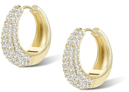 ALEXCRAFT 14K Gold Ohrringe Zirkon Klein Huggie Creolen Schmuck für Damen | Glänze Blitz Ohrringe Silber 925 Kleine Huggie Creolen mit Zirkon Strass Stein Dick Breit Chunky Klobig Creolen Damen Mädchen