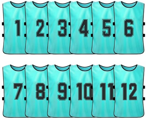 12 Stück Fußball Trainingsweste für Herren Damen,Nummeriert mit den Nummern 1-12 Team-Spiel Bibs Atmungsaktives Multifarbige Trainingswesten Sport Trikot Leibche für Fußball Basketball Baseball
