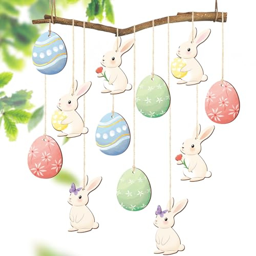 Osterdeko Anhänger Holz, 12 Stück Osterhase Ostereier zum Aufhängen, Osterdeko Modern, Osteranhänger Ostern Deko, Ostereier zum Aufhängen Draußen, Osterschmuck aus Holz Hase