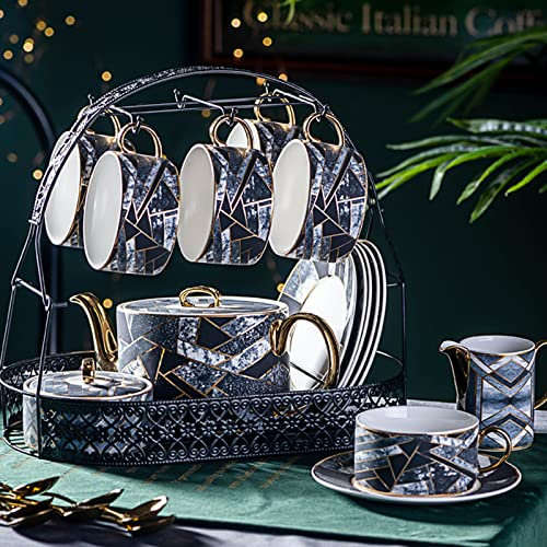 VNGBFGDFVN Juego de té de Porcelana de 15 Piezas para Adultos, Juego de Taza y platillo de café y té de Porcelana con Soporte de Metal para Novia