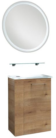 FACKELMANN Milano Gäste-WC Set 4 Teile – SBC Waschtischunterschrank in Holz Braun mit Waschbecken aus Glas in Weiß – Türanschlag rechts – inkl. LED-Spiegel und Glasablage – 45 cm breit