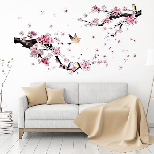 Adesivi murali，Fiori Rami Albero Grande adesivi murali camera da letto Rosa Uccelli Adesivi da Parete per Camera da Letto Soggiorno TV Sfondo (fiore 1)