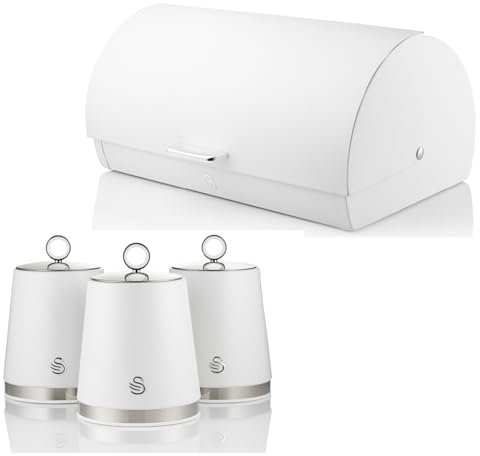 Swan Serenity Bread Bin and Tea, Coffee, Sugar Canisters in White with Polished Stainless Steel Accents. Beautiful Design Matching Kitchen Storage Set with a Sleek White Finish
