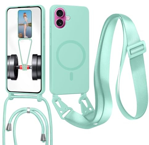 Magnetiskt silikonfodral för iPhone 16 med snodd, kompatibelt med Magsafe, ultratunt TPU-silikon, stötsäkert och avtagbart nyckelband för iPhone 16, ljusgrön