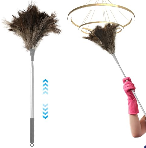 Extendable Ostrich Feather Duster, 230 cm Telescopic Handle[7-90.55in] | Reusable Long Feather Duster, Cleaning Cobweb, High Ceilings, Doorways, Skirting, Cupboards, Chandelier, Glass (90.55 inch)