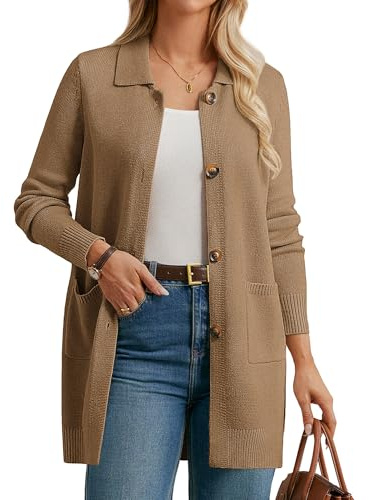 GRACE KARIN Women's Long Cardigans Long Sleeve Lapel Neck Button Cardigan | Versatile soft cardigan with a flattering relaxed fit. Lapel collar, button closure & two pockets. Perfect for layering