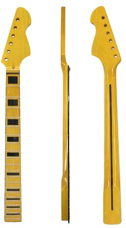 WUQIMUSC Manico di ricambio per chitarra elettrica in legno d'acero per 22 tasti, scala da 25,5, tacco bolt-on, finitura lucida gialla (intarsio a blocchi neri)