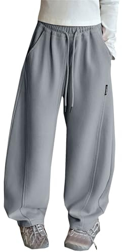 Pantalon de jogging ample et doux pour jeunes avec cordon de serrage, jambe large, pour l’école, pour garçons et filles, uni, oversized, droit, avec poches, style preppy, gris, 12-13 ans