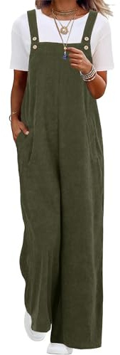 QIXING Womens Corduroy Dungarees Wide Leg Cord Jumpsuit Casual Overalls with Pockets UK (Army Green, XXL)