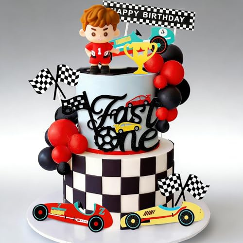 Fast One Cake Topper Race Car First Birthday Cake Decorations Fast One Party Supplies Favors for Racing Car Checkered Flag Birthday Party Decorations Supplies