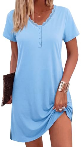 Bresdk Camisones de Mujer Verano Camisón Algodón de Manga Corta con Botones Cuello en V Rope de Dormir Suave y Cómodo Azul L