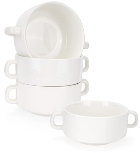 AZKEEGREY White Porcelain Soup Bowls with Handles 350ml/12oz, 4 Pcs | Large Serving Salad Bowls, for Onion Soup,Dessert, Baking, Ramen, Breakfast, Cereal, Snack, Fruit, Microwave and Oven Safe