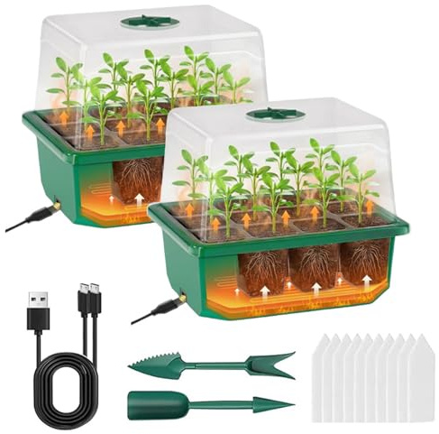 VDYXEW 2 Pack Seed Trays, Automatic Bottom-Heated Propagator - Reusable Propagators for plants with Heightened Lids, Propagation Station Germination Tray for Seedlings (2 Pack)