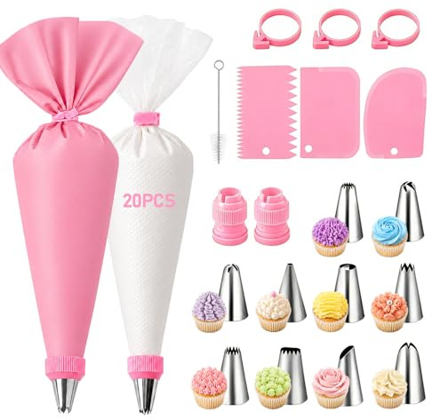 soodyoow 40 mangas pasteleras con boquillas, mangas pasteleras desechables de silicona, mangas pasteleras profesionales para decorar pasteles, tartas, galletas, cupcakes (rosa, blanco)