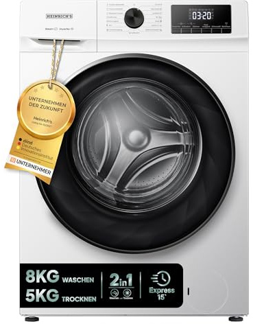 HEINRICHS Waschtrockner, 2in1 Waschtrockner, 8KG Waschen + 5KG Trocknen,1400 U/min, 15 Programme, Express Programm 15 min, Steam-Refresh, AquaStop, Edelstahl-Trommel, mit Kindersicherung, Effizient