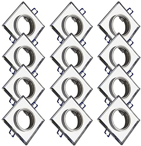 Trango Lot de 12 Un design moderne projecteurs encastrés pivotement au carré TG6729S-12, Encastré éclairage, Spots de plafond, luminaire de salle de bain en verre miroir et aluminium prise GU10 incl.