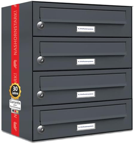 AL Briefkastensysteme 4er Briefkastenanlage Anthrazit Grau RAL 7016, Premium Briefkasten DIN A4, 4 Fach Postkasten modern Aufputz