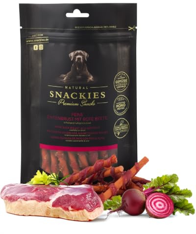 SNACKIES Premium Snacks für Hunde, ohne Zusatz von Getreide, Zucker, Farb-, Aroma- und Konservierungsstoffe, schonend luftgetrocknete Leckerli, Feine Entenbrust mit roter Beete 170g