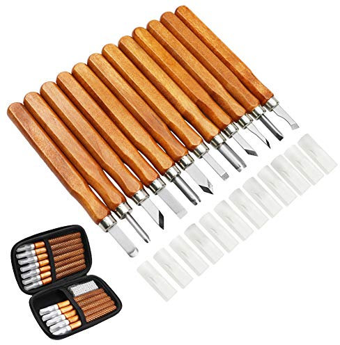 MAIKEHIGH 14Pcs Kit di strumenti per intaglio del legno - Scalpelli per intaglio professionali Coltello Manico intaglio sculture Esperti di carpentieri Principianti con coperture protettive