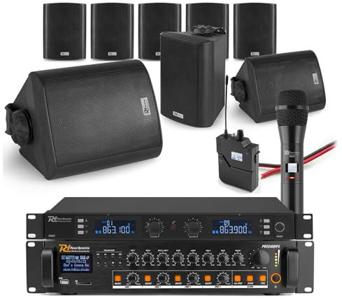 Power Dynamics Complete PA Announcement System with 8x BC50V Black Wall Speakers, 4-Zone Bluetooth Amplifier, Wireless Microphones & Speaker Cable – Indoor & Outdoor Audio Setup