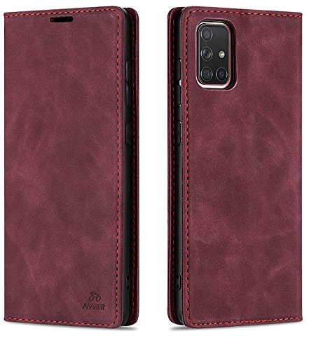 AFARER Handyhülle für Samsung Galaxy A71, mit Magnetverschluss klapphülle, Brieftasche Klappbar Ledertasche Leather Wallet case Stoßfest Schutz mit Kartenhalter,Klapp Ständer hülle für Frauen- Rot