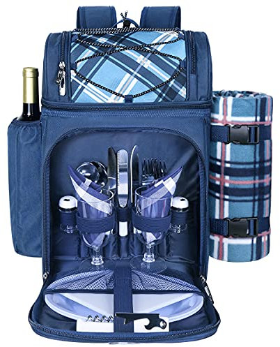 Hap Tim Picnic Basket Backpack for 2 Person with 2 Insulated Cooler Compartment, Wine Holder, Fleece Blanket, Cutlery Set,Perfect for Beach, Hiking, Camping, BBQs, Family or Wedding Gifts(36083-BL)