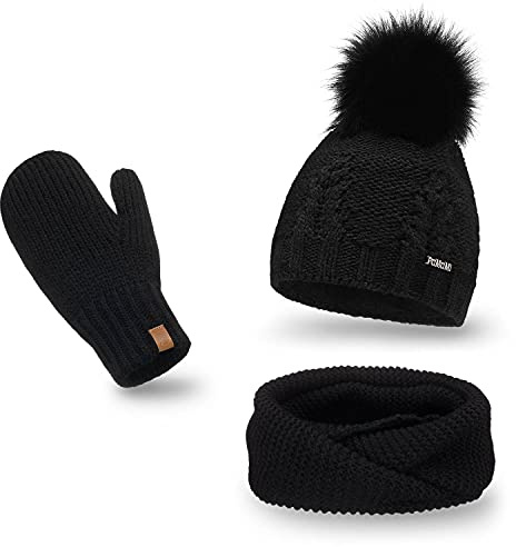 PaMaMi Winterset 3-teilig Mütze + Loop + Handschuhe I Kopfumfang 55-58 cm I Wintermütze mit Fleecefutter Atmungsaktiv I Winter-Strickset für Frauen I Winterspaziergänge